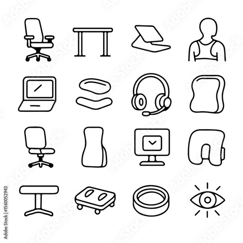 Office ergonomic equipment outline icons like chair, desk and computer in clear, minimalist black and white graphic.