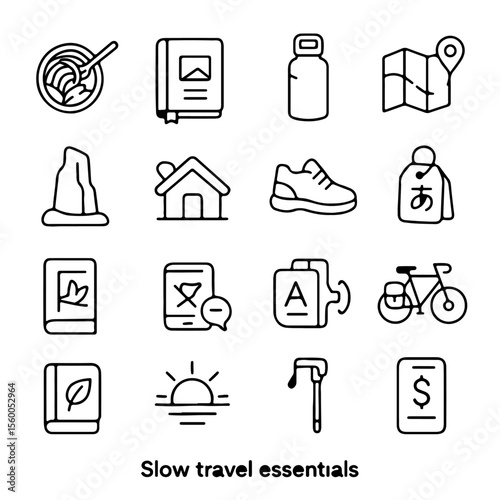 Collection of iconic travel essentials for mindful journeys, capturing the essence of slow travel with a charming minimalistic style.