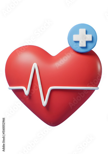 A 3D rendered red heart with a white heartbeat line and a blue medical cross icon, symbolizing health and medical care