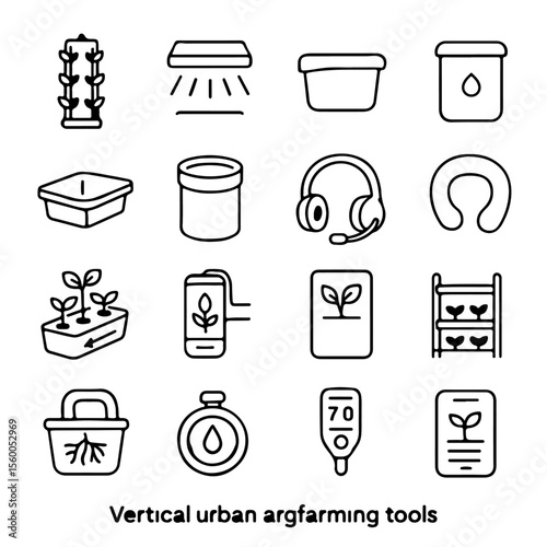Vertical urban argfarming tools icons set.