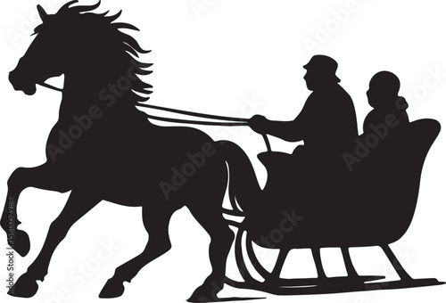 Silhouette of Horse Pulling Sleigh with Two Passengers in Winter Scene