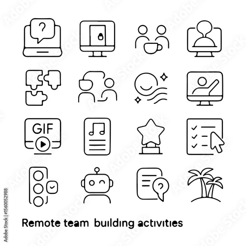 collection of Remote Team Building Activities Icons, minimalist set illustrating communication and collaboration. Showcasing concepts of teamwork, meetings.