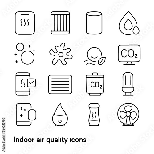 Indoor air quality icons set, collection of line art symbols related to clean and healthy home environment.