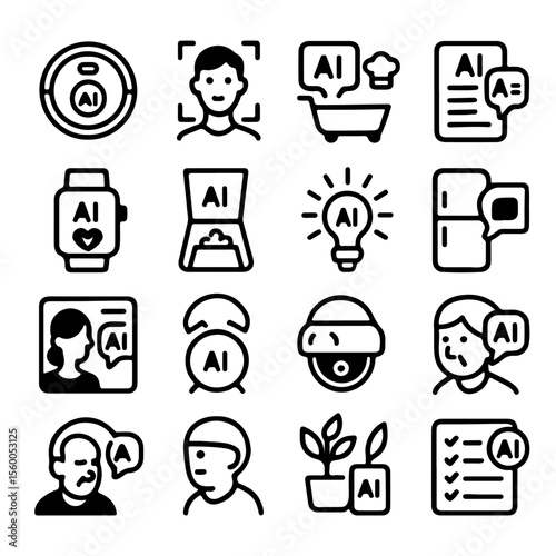 A collection of detailed AI icons showcases the modern marvels and applications of AI technology, from home automation to facial recognition. 