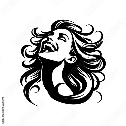 Joyful woman with flowing hair, laughing heartily, head tilted back, black and white illustration.