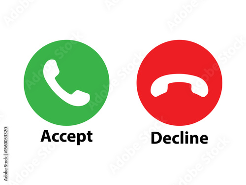 Phone call icon set. Answer and reject call buttons. Green and red icons with handset shapes.