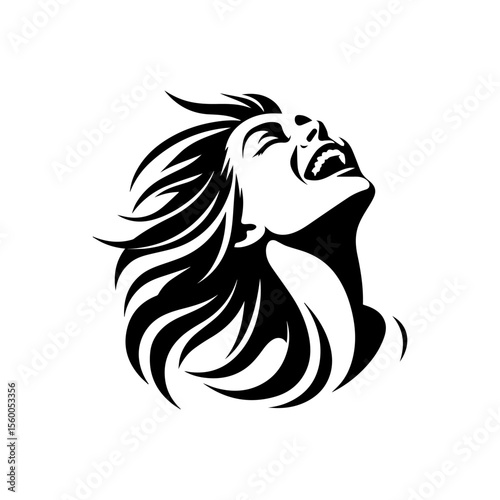 A stylized black and white illustration of a woman's head thrown back in joyous laughter, hair flowing freely.
