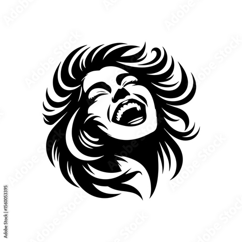 A stylized black and white illustration of a person laughing with closed eyes and open mouth.