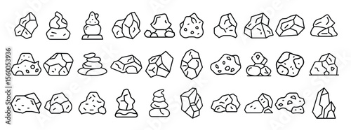 Rock Icon Set. Containing stone, mineral, boulder, pebble, natural, geology, cliff, and rock pile icons. Solid icon collection.