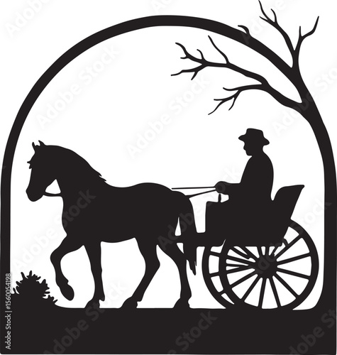 Rustic Silhouette of Horse-Drawn Carriage Framed by Arch and Bare Tree Branch