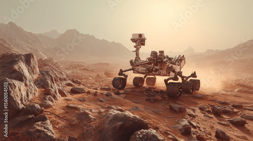 A Mars rover navigating a rugged rocky terrain