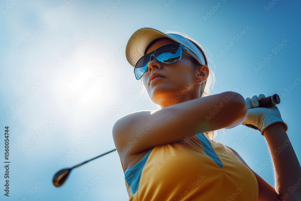 custom made wallpaper toronto digitalWoman golfer with sunglasses watching her ball fly, dynamic shot, bright midday sun.