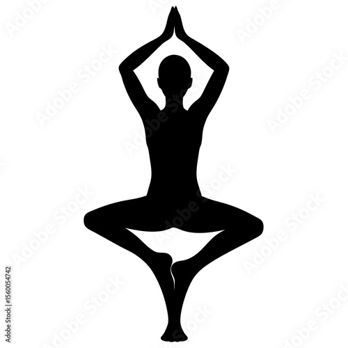 A person performing a yoga pose with hands clasped above their head and one leg crossed over the other silhouette