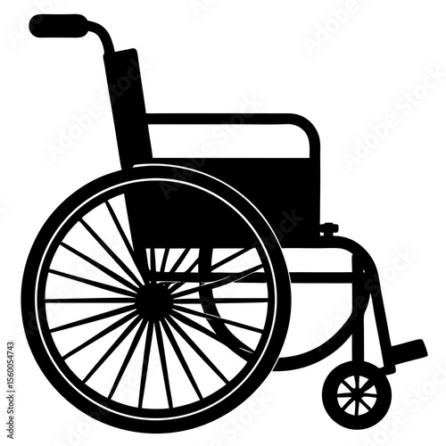 A detailed black silhouette of a standard manual wheelchair with large spoked wheels and smaller front wheels
