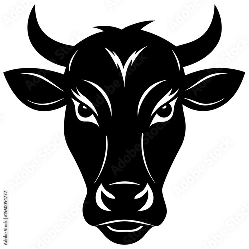 Fierce black bull head facing forward with sharp horns and intense eyes silhouette