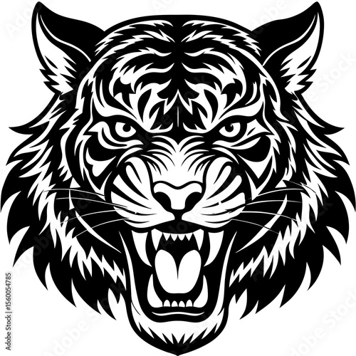 Fierce tiger head roaring with open mouth and sharp teeth in a bold black and white silhouette