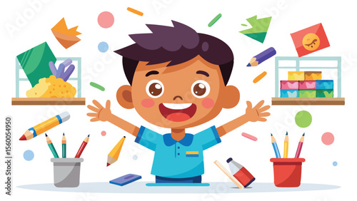 Illustration of a cheerful boy surrounded by art supplies and colorful shapes in a bright setting