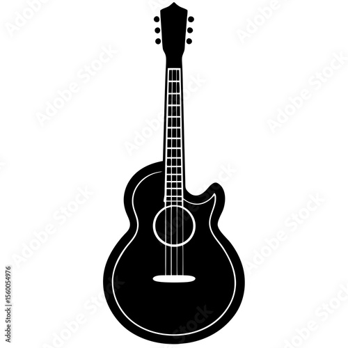 Acoustic guitar with six strings and a soundhole in a classic silhouette style