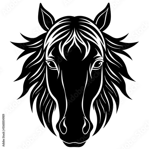 Stylized black horse head with flowing mane and tail silhouette