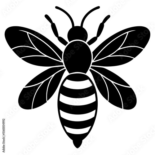 Stylized black and white graphic illustration of a bee with detailed wings and striped body silhouette