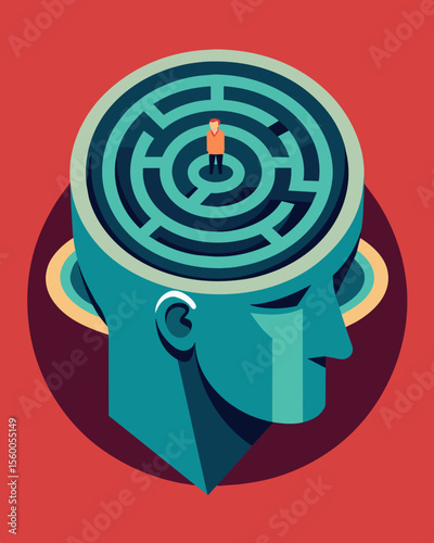 A persons head encased in a maze with no clear escape conveying the feeling of being lost and ped in ones own mind.. Vector illustration