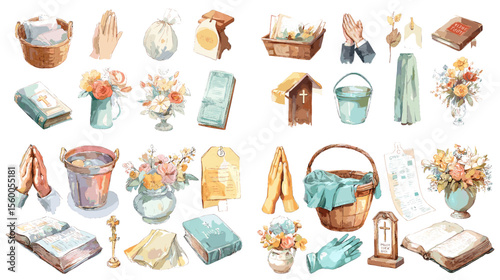 Christian-themed watercolor elements such as praying hands, baskets, books, crosses, and floral arrangements, ideal for faith, devotion, and church visuals.

