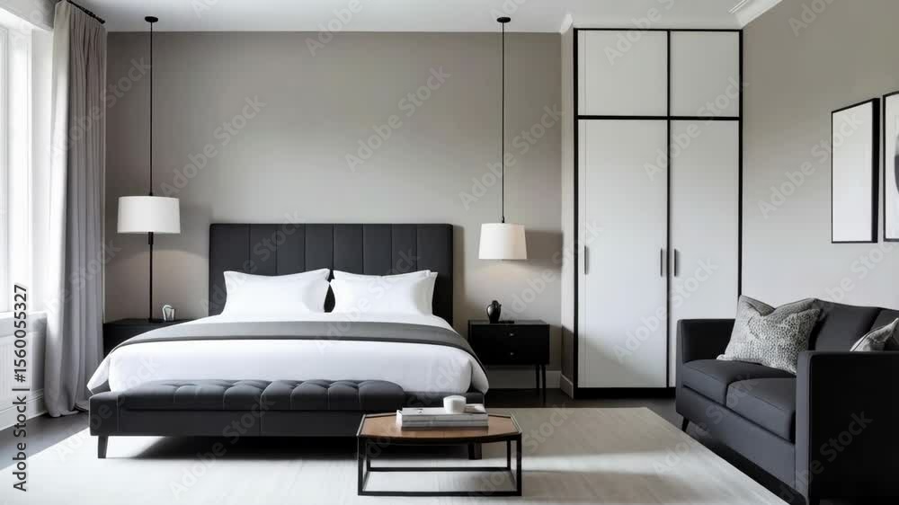 Elegant bedroom interior featuring a bed with white linens, sofa, lamps, and a modern cabinet, all in a neutral color palette.