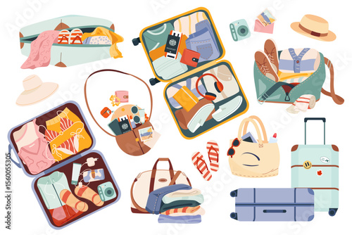 Vector collection of packed summer luggage, bags and travel accessories for trip planner, holiday card, vacation print, banner or poster. Open tourist suitcases, clothes, shoes, documents and gadgets