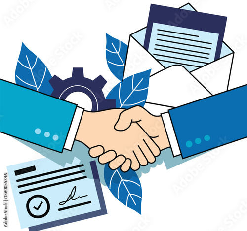handshake between two businessmen illustration  with empleop and paper 