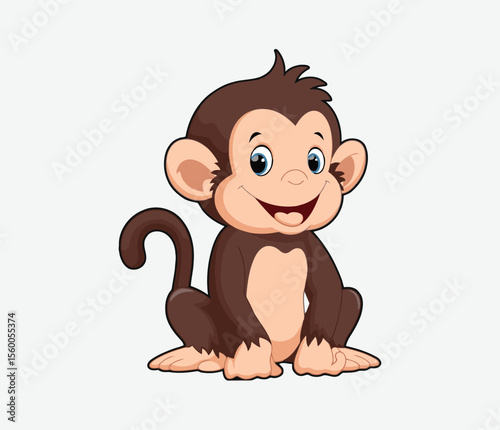Adorable cartoon monkey sits smiling cheerfully in a playful mood with bright blue eyes and clean