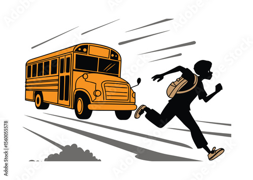 Person Running Away from School Bus on Road – Action Concept with Dramatic Motion and Urban Background