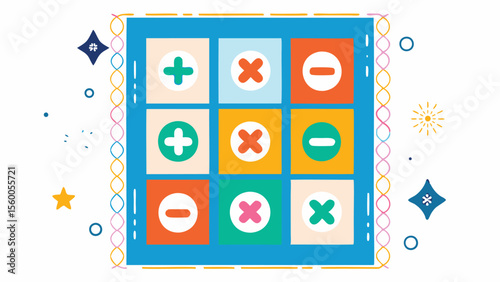 A colorful tic tac toe grid featuring plus, minus, and multiplication symbols surrounded by decorations