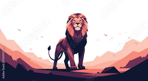 The majestic lion stands on the hill overlooking the expansive African Savanna scenery