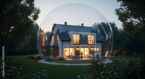 Luxury home in bubble shield for protection safety and security in nature landscape real estate concept