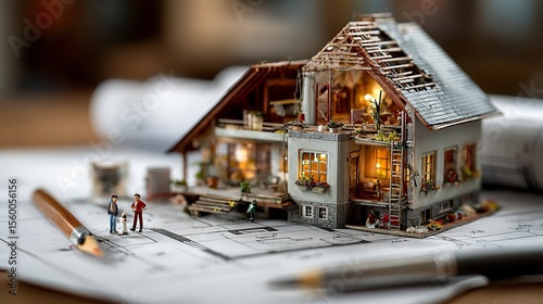Fototapeta Naklejka Na Ścianę i Meble -  Home design and planning illustration with small figurines, partially built house, and architectural documents --chaos 100 