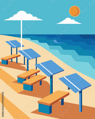 A row of solarpowered picnic tables on the beach allowing beachgoers to charge their phones and cameras while soaking up the sun and ocean views.. Vector illustration