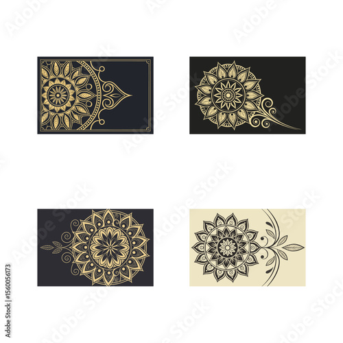 Elegant Black and Gold Mandala Card Collection with Ornamental Geometric Designs