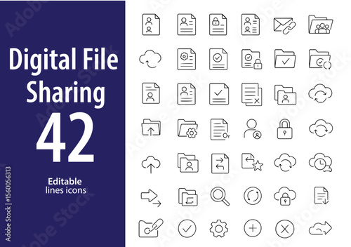 Digital File Sharing Line Icons, Upload, Download, Cloud Share, Link Access, Folder, Email Attachment, and More , Editable Formats: AI, EPS, JPG, PNG , Ideal for Both Digital and Print Use