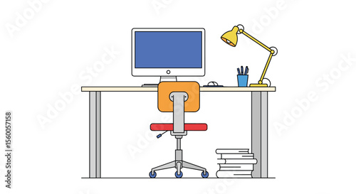 A Desk Setup Featuring a Computer a Lamp a Chair and Some Books