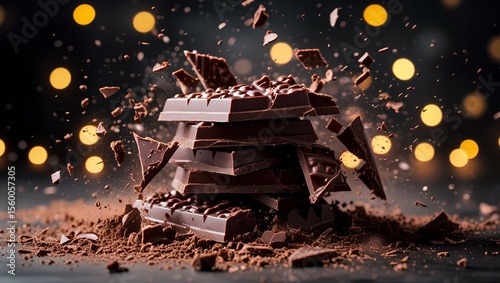 Wallpaper Mural a stack of dark chocolate bars dramatically crumbling and exploding with chocolate shards and crumbs flying around Torontodigital.ca