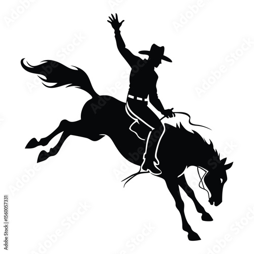 Bold black silhouette of a cowboy riding a bucking horse with lasso, ideal for logos, prints, or tattoos. High-quality vector art for western-themed designs