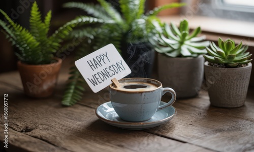 Coffee cup with happy wednesday message on wooden table