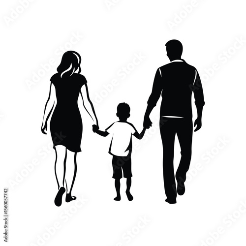 Heartwarming black silhouette of a family walking together, ideal for logos, prints, or cards. High-quality vector art for family-themed designs