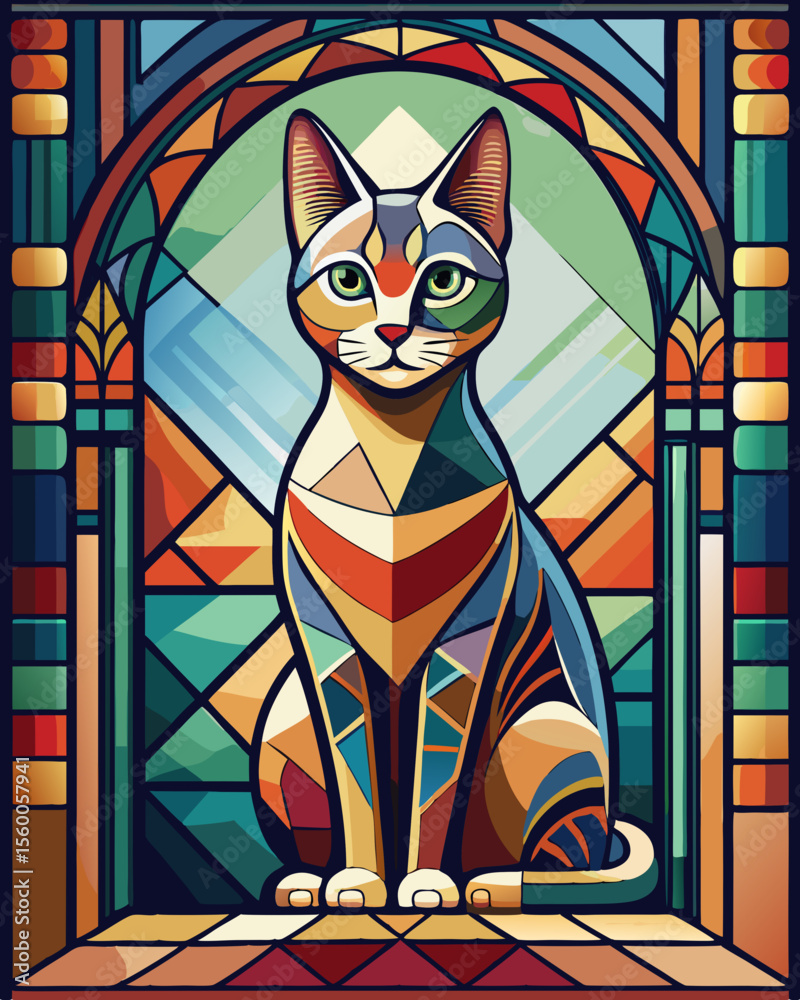 Cat, Stained Glass Style, Full body	, stained glass style, full body, pattern polygon, full color rainbow