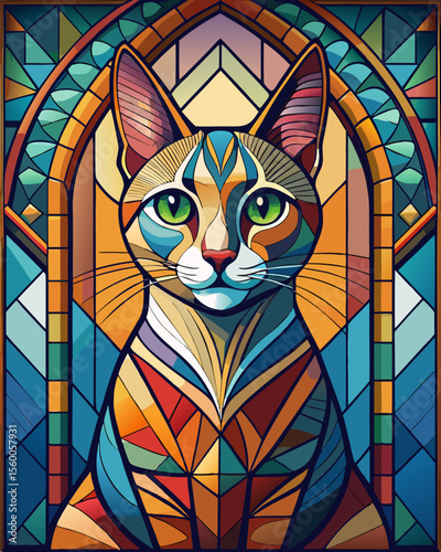 Cat, Stained Glass Style, Full body	, stained glass style, full body, pattern polygon, full color rainbow
