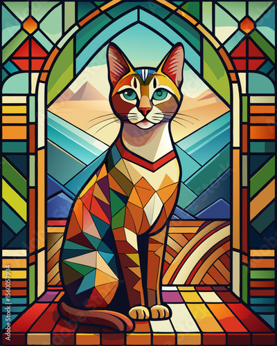 Cat, Stained Glass Style, Full body	, stained glass style, full body, pattern polygon, full color rainbow