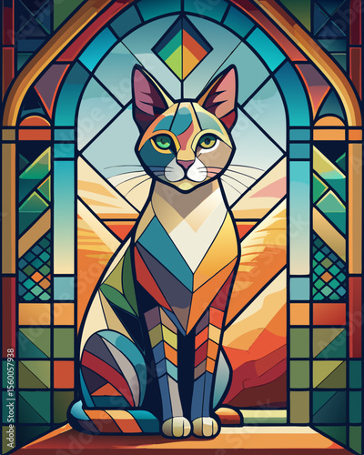 Cat, Stained Glass Style, Full body	, stained glass style, full body, pattern polygon, full color rainbow