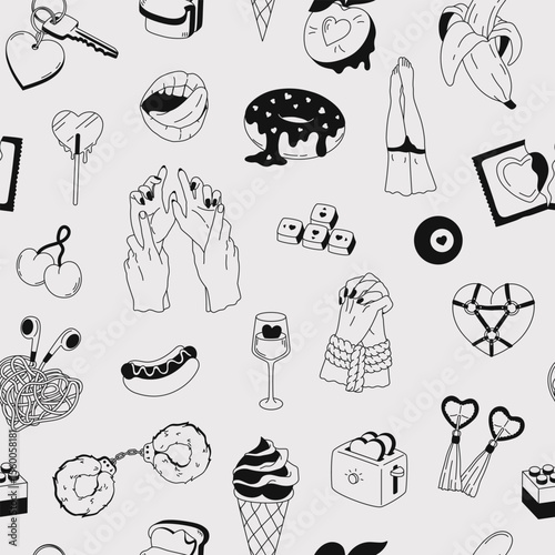 Outline seamless pattern with romantic elements. Vintage linear background for Valentines Day and Love. Concept of passion, desire, intimate moment. Minimal design for print, wrapping paper, fabric