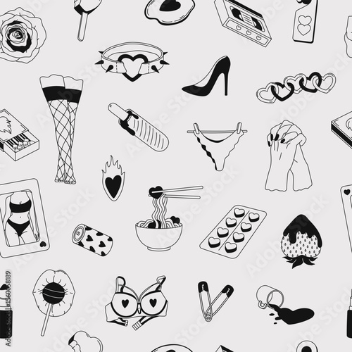 Hand drawn seamless pattern with romantic and sensuality elements. Vintage outline background for Valentines Day and Love. Concept of passion, desire, intimate moment for print, wrapping paper, fabric