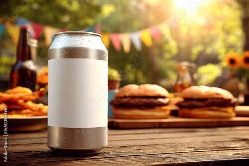 soda can mockup on picnic table surrounded by paper flags and grilled burgers sunlit backyard BBQ scene condensation on can blank silver label area 